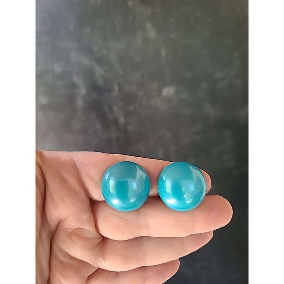 Enamel Aqua Dome Clip-on Earrings Vintage - Picture 2 of 10